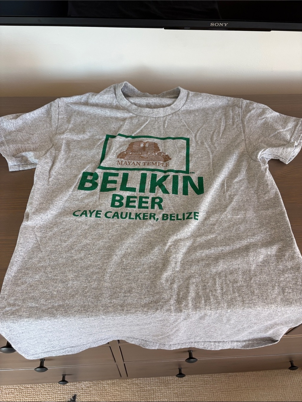 Belize 🇧🇿 Belikin Beer Graphic T-Shirt in Heather Gray and Green